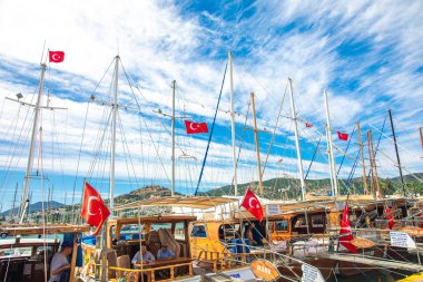 Türkiye'nin Bodrum şehrinde Ege Denizi'nin Panoramik Manzarası, geleneksel beyaz evler, marina, yelkenli tekneler ve yatlar. Ege tarzı turkuaz su.