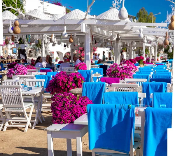Türkiye'nin Bodrum kenti Gumusluk'ta balık restoranı, kafe ve begonviller çiçeklerinin görünümü. Ege sahil tarzı renkli sandalye ve masalar.