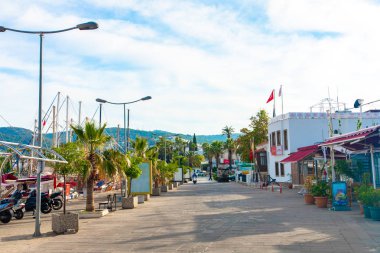 Geleneksel Ege tarzı beyaz evler, plaj, marina ve begonviller çiçekleri ile renkli sokaklar Türkiye'nin Bodrum şehrinde. Bodrum ilçesinde tatil.