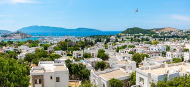Ege Denizi'nin Panoramik Manzarası, Geleneksel Beyaz Evler Yat Limanı ve Bodrum Kalesi, Bodrum şehir veya türkiye'nin bir kasabası. Renkli sokak, ev ve çiçekler.