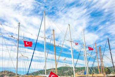 Türk bayraklı Marina'da Demirli Yelkenli, Yelkenli Tekne veya Yat Direkleri. Türkiye'de Bodrum'da marina görünümü. Yatlarla Bodrum Marina, Ege Denizi kıyıları ve kıyıları manzarası.
