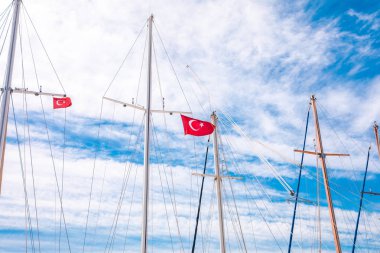 Türk bayraklı Marina'da Demirli Yelkenli, Yelkenli Tekne veya Yat Direkleri. Türkiye'de Bodrum'da marina görünümü. Yatlarla Bodrum Marina, Ege Denizi kıyıları ve kıyıları manzarası.