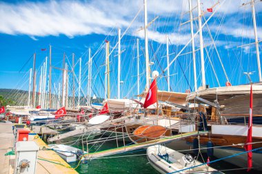 Bodrum Sahili, Ege Denizi, geleneksel beyaz evler, çiçekler, marina, Bodrum kasabası Türkiye 'de yelkenli tekneler, yatlar.