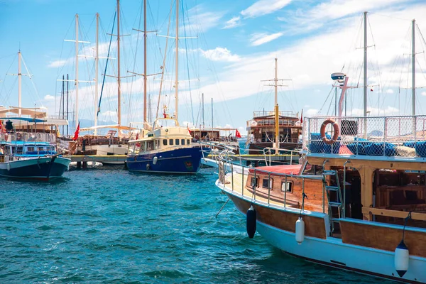 Vista Bodrum Beach Mar Egeu Casas Brancas Tradicionais Flores Marina — Fotografia de Stock