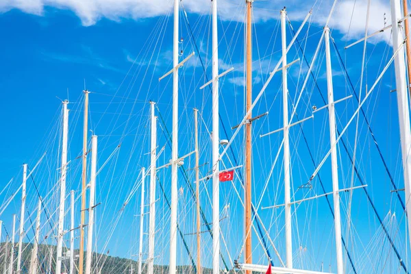 Türk bayraklı Marina'da Demirli Yelkenli, Yelkenli Tekne veya Yat Direkleri. Türkiye'de Bodrum'da marina görünümü. Yatlarla Bodrum Marina, Ege Denizi kıyıları ve kıyıları manzarası.