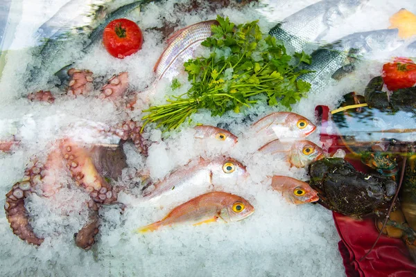 Seafood on ice at Fish Market. Fresh and raw red mullet fishes on ice.