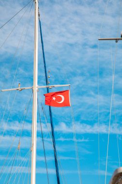 Türkiye'nin Bodrum kenti Gumusluk'ta Bodrum sahilinde balık restoranı veya kafe ve begonviller çiçeği manzarası. Güzel Ege Denizi'ne yakın Bodrum ilçesinde Ege sahil tarzı renkli sandalyeler, evler, marina, yelkenli tekneler, yatlar, masalar ve çiçekler.