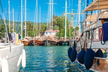 Türkiye'nin Bodrum kenti Gumusluk'ta Bodrum sahilinde balık restoranı veya kafe ve begonviller çiçeği manzarası. Güzel Ege Denizi'ne yakın Bodrum ilçesinde Ege sahil tarzı renkli sandalyeler, evler, marina, yelkenli tekneler, yatlar, masalar ve çiçekler.