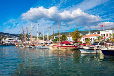 Türkiye'nin Bodrum kenti Gumusluk'ta Bodrum sahilinde balık restoranı veya kafe ve begonviller çiçeği manzarası. Güzel Ege Denizi'ne yakın Bodrum ilçesinde Ege sahil tarzı renkli sandalyeler, evler, marina, yelkenli tekneler, yatlar, masalar ve çiçekler.