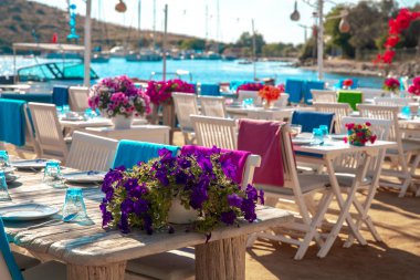 Türkiye'nin Bodrum kenti Gumusluk'ta Bodrum sahilinde balık restoranı veya kafe ve begonviller çiçeği manzarası. Güzel Ege Denizi'ne yakın Bodrum ilçesinde Ege sahil tarzı renkli sandalyeler, evler, marina, yelkenli tekneler, yatlar, masalar ve çiçekler.