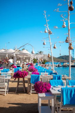 Türkiye'nin Bodrum kenti Gumusluk'ta Bodrum sahilinde balık restoranı veya kafe ve begonviller çiçeği manzarası. Güzel Ege Denizi'ne yakın Bodrum ilçesinde Ege sahil tarzı renkli sandalyeler, evler, marina, yelkenli tekneler, yatlar, masalar ve çiçekler.