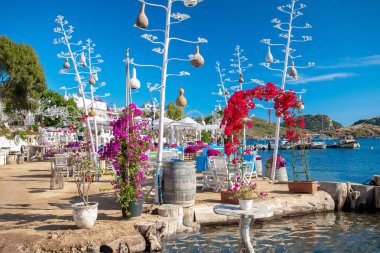 Türkiye'nin Bodrum kenti Gumusluk'ta Bodrum sahilinde balık restoranı veya kafe ve begonviller çiçeği manzarası. Güzel Ege Denizi'ne yakın Bodrum ilçesinde Ege sahil tarzı renkli sandalyeler, evler, marina, yelkenli tekneler, yatlar, masalar ve çiçekler.