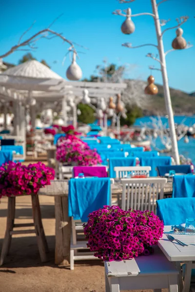 Utsikt Över Fiskrestaurang Eller Kafé Och Bougainvillea Blommor Bodrum Beach — Stockfoto