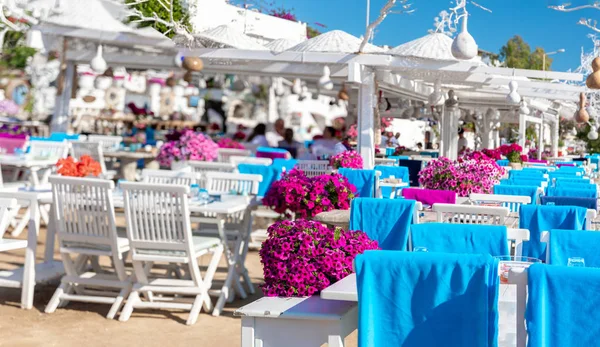 Utsikt Över Fiskrestaurang Eller Kafé Och Bougainvillea Blommor Bodrum Beach — Stockfoto