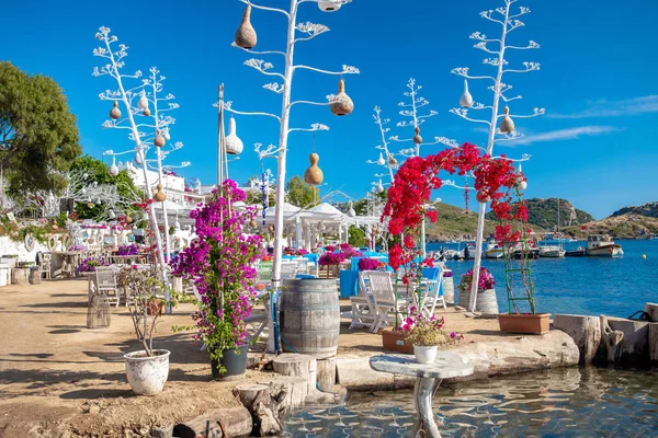 View Fish Restaurant Cafe Bougainvillea Flowers Bodrum Beach Gumusluk Bodrum — Stock Photo, Image