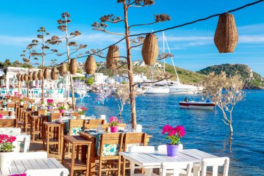 Türkiye'nin Bodrum kenti Gumusluk'ta Bodrum sahilinde balık restoranı veya kafe ve begonviller çiçeği manzarası. Güzel Ege Denizi'ne yakın Bodrum ilçesinde Ege sahil tarzı renkli sandalyeler, evler, marina, yelkenli tekneler, yatlar, masalar ve çiçekler.