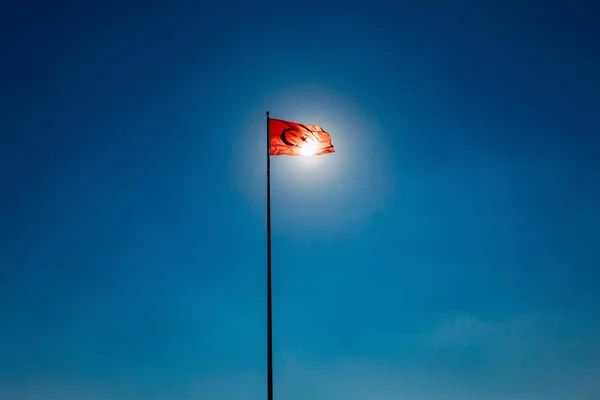 Turkish Flag Waving Clean Blue Sky Clouds Sun Silhouette Turkey — Stock Photo, Image