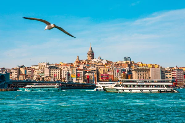 Galata Kulesi, İstanbul City of Turkey... Boğaz, martı ve teknelerle Türkiye'nin İstanbul Şehrinin Görünümü.