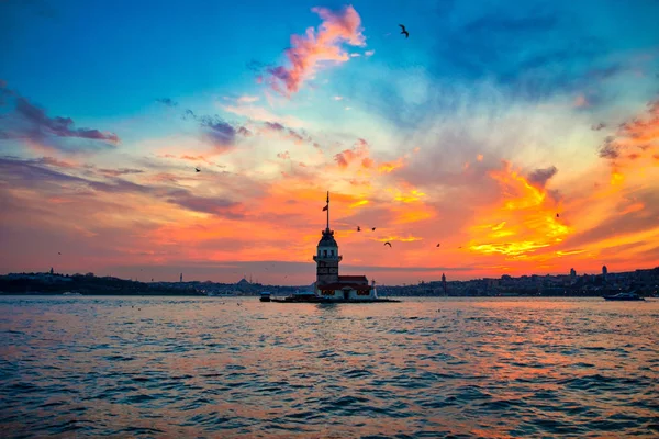 View of the Maiden Tower in Istanbul City of Turkey. Historical Maiden Tower and sunset at Bosphorus.