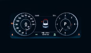 Modern araba veya otomobil pano paneli. Araba Hud Speedometer gösterge paneli. Işıklı panel hız göstergesi araç iç.