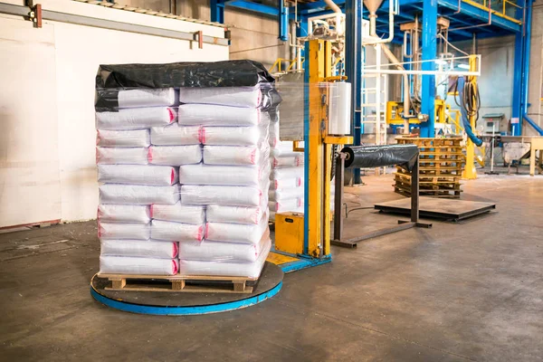 Rows Stacks White Sack Bags Large Warehouse Modern Factory Packaging — Stock Photo, Image