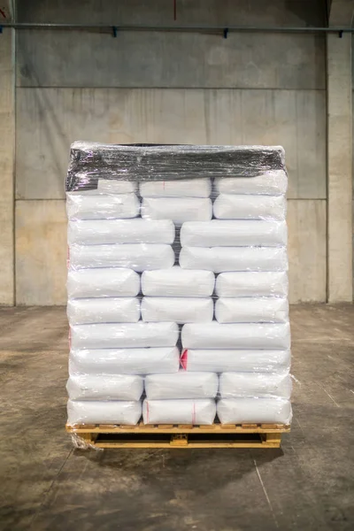 Rows Stacks White Sack Bags Large Warehouse Modern Factory Packaging — Stock Photo, Image