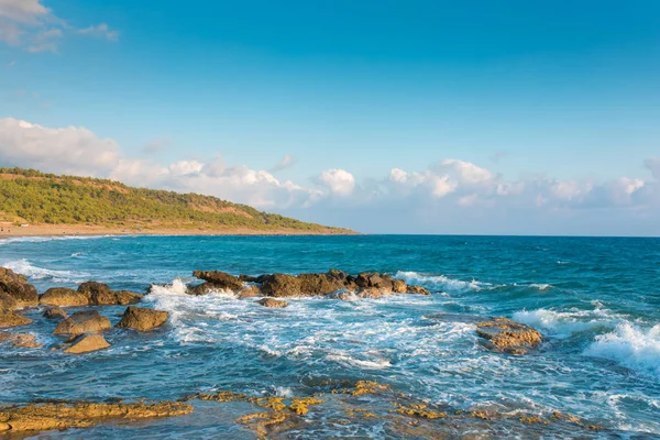 Türkiye 'nin Bodrum plajında Akdeniz ya da Ege kıyıları, kıyı ya da körfez kıyıları kaya ve dalgalarla kaplı. Mavi deniz, okyanus ve ağaçlarla dolu yaz günü manzarası. Türkiye 'de tatil ve tatil.