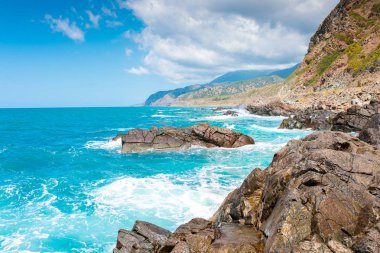 Türkiye 'nin Bodrum plajında Akdeniz ya da Ege kıyıları, kıyı ya da körfez kıyıları kaya ve dalgalarla kaplı. Mavi deniz, okyanus ve ağaçlarla dolu yaz günü manzarası. Türkiye 'de tatil ve tatil.