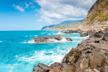 Türkiye 'nin Bodrum plajında Akdeniz ya da Ege kıyıları, kıyı ya da körfez kıyıları kaya ve dalgalarla kaplı. Mavi deniz, okyanus ve ağaçlarla dolu yaz günü manzarası. Türkiye 'de tatil ve tatil.