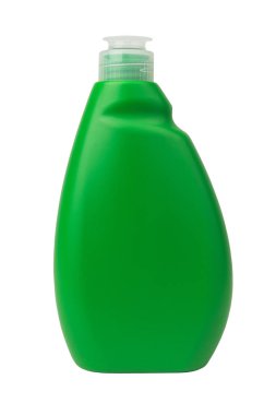 Kozmetik, hijyen, sıvı sabun, şampuan, deterjan veya beyaz arka planda izole edilmiş kimyasallar için yeşil plastik kutu bidonu şişesi. Bu yeşil plastik şişe çok kullanılmış ve kapalı.