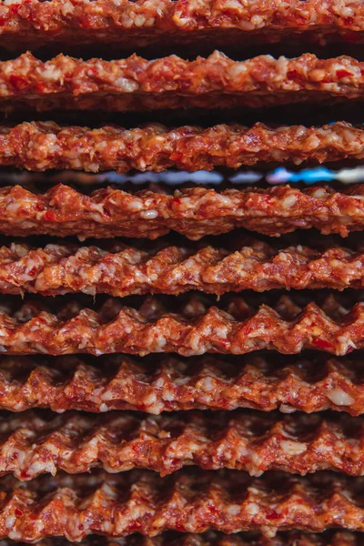 Tradicional Turco Adana Kebab Kebap Textura Carne Fondo Con Pinchos — Foto de Stock