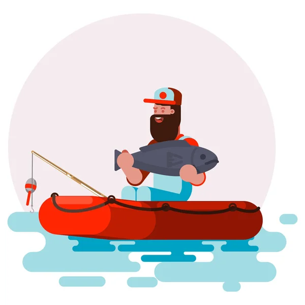 Man in boot met grote vis in zijn handen — Stockvector