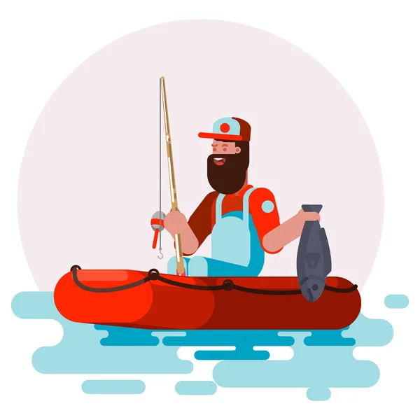 Hombre en barco con peces — Vector de stock