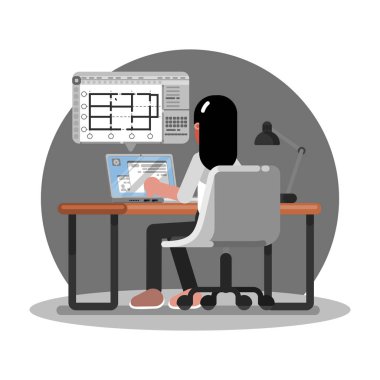 Kadın mimar laptop planı yapar