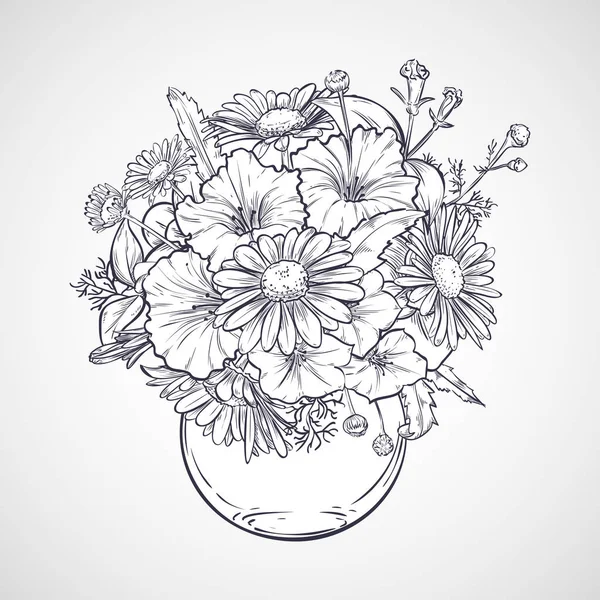 Bouquet de fleurs de camomille et pétunias — Image vectorielle