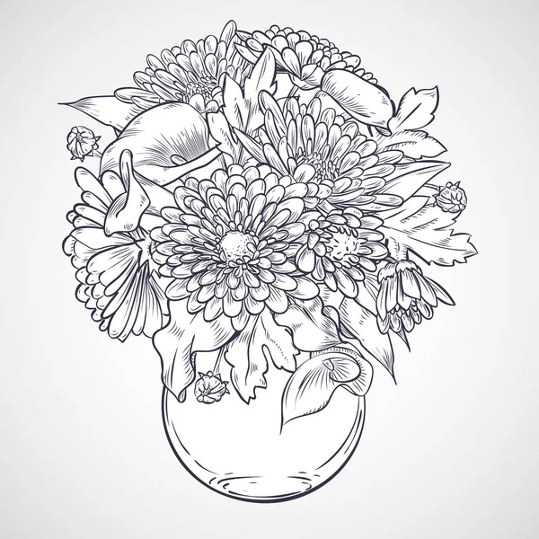 Boeket van callas en chrysant bloemen — Stockvector