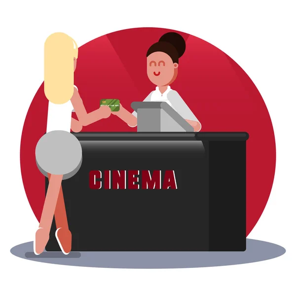 Kadın sinema bileti satın alır. — Stok Vektör