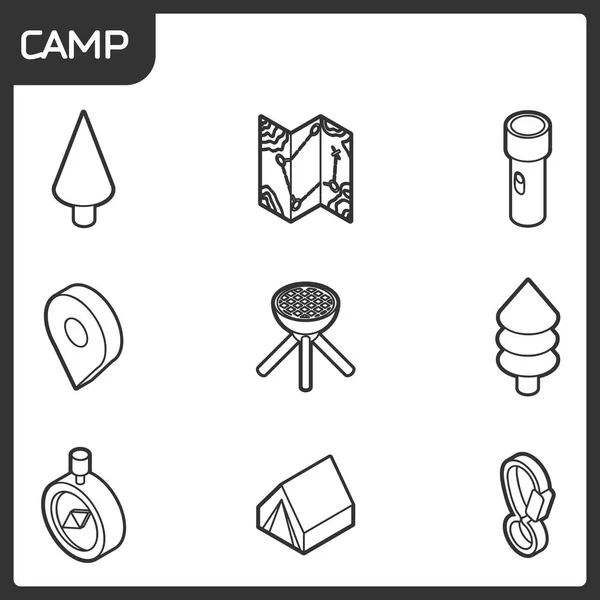 Esquema del campamento iconos isométricos — Vector de stock