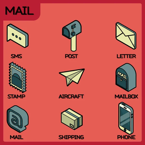 Ícones isométricos do esboço da cor do correio — Vetor de Stock