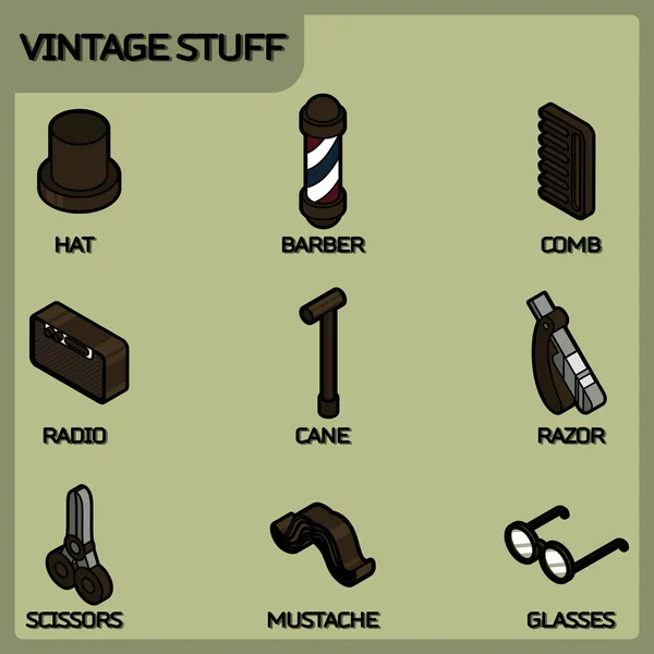 Vintage spullen kleur overzicht isometrisch icons — Stockvector