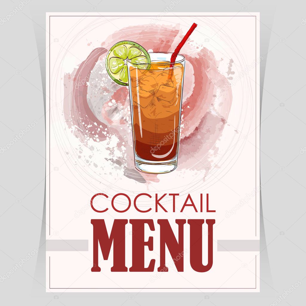 Vector flyer, cover menu with a Long Island Iced Tea cocktail image