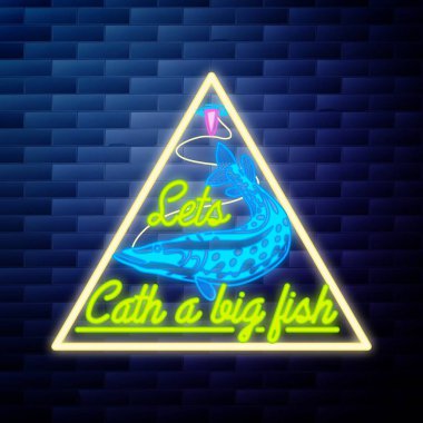 Vintage balıkçılık amblemi parlak neon
