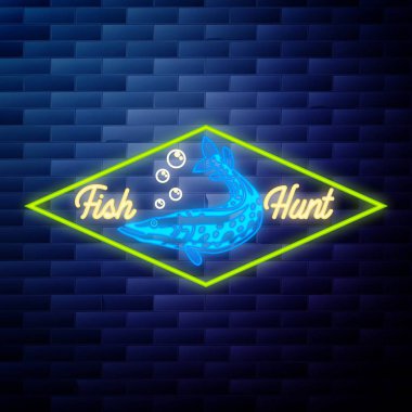 Vintage balıkçılık amblemi parlak neon