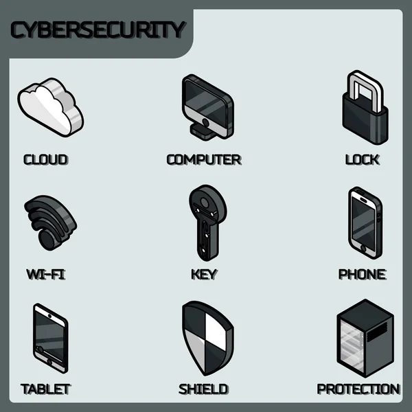 Icone isometriche del contorno colore Cybersecurity — Vettoriale Stock