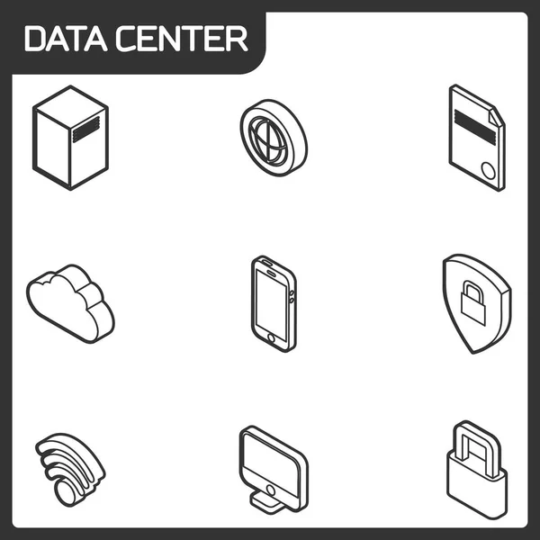 Ícones isométricos do contorno do data center — Vetor de Stock