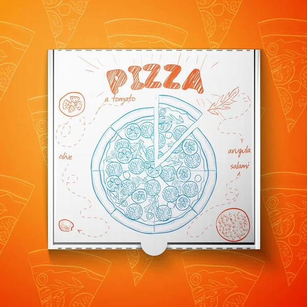 Caja de cartón con salami de pizza — Vector de stock
