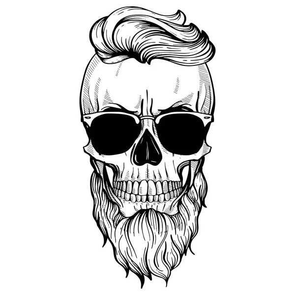 Angry Skull Hairstyle Beard Sunglasses Line Art — Stock Vector