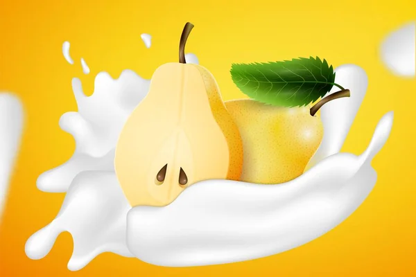 Due pere gialle e spruzzi di latte allo yogurt — Vettoriale Stock