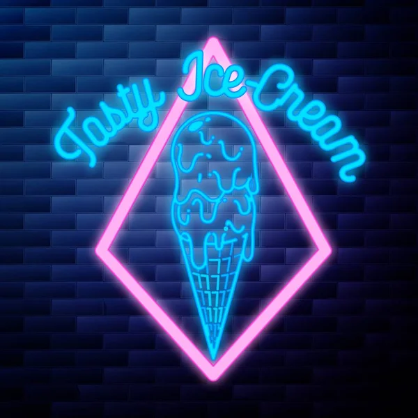 Crème glacée vintage emblème lumineux néon — Image vectorielle