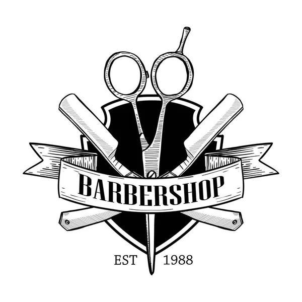 Logotipo de barbearia com grande tesoura — Vetor de Stock